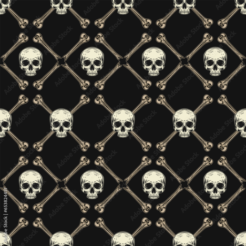 Poster geometric halloween pattern with square grid with rhombus cells, broken bones, half skull without ja