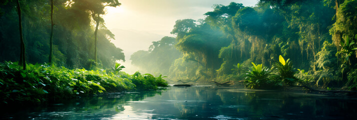 Landscape of rainforest, river, mountains, panoramic