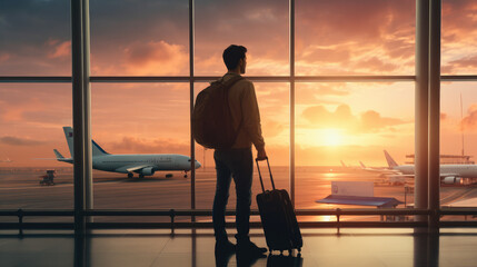 Calm male tourist is standing in airport and looking at aircraft flight through window. He is holding tickets and suitcase. Sunset - obrazy, fototapety, plakaty