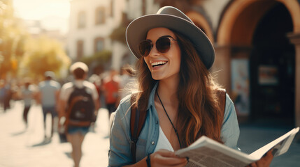 woman wanderer with trendy look searching direction on location map while traveling abroad in summer, happy female tourist searching road to hotel on atlas in a foreign city during vacation