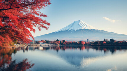Colorful Autumn Season and Mountain Fuji with morning fog and red leaves at lake Kawaguchiko is one of the best places in Japan - obrazy, fototapety, plakaty