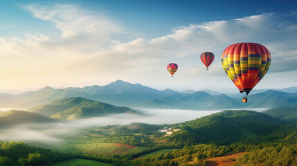 Fototapeta premium Hot air balloon above high mountain at sunset, filtered background