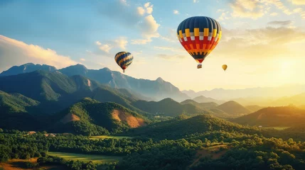 Fotobehang Hot air balloon above high mountain at sunset, filtered background © Oulailux