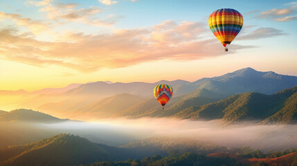 Hot air balloon above high mountain at sunset, filtered background