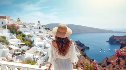 Foto op Plexiglas Europe Greece Santorini travel vacation. Woman looking at view on famous travel destination. Elegant young lady living fancy jetset lifestyle wearing dress on holidays. Amazing view of sea and Caldera © Oulailux