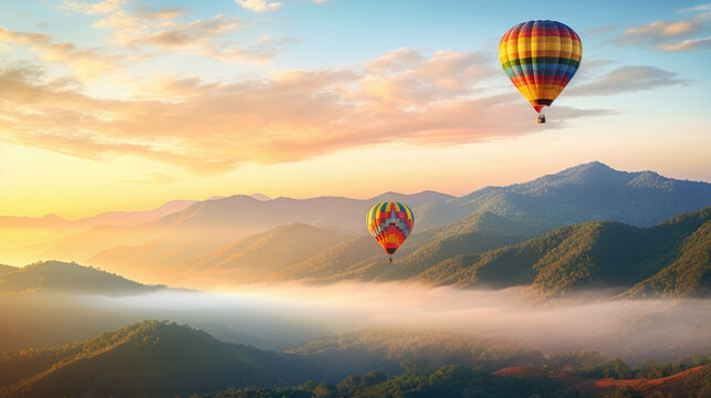 Hot air balloon above high mountain at sunset, filtered background