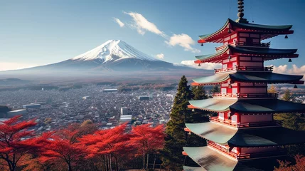 Muurstickers Landmark of japan Chureito red Pagoda and Mt. Fuji in Fujiyoshida, Japan © Oulailux