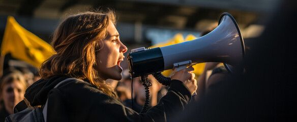 Female activist protesting with megaphone during a manifestation - obrazy, fototapety, plakaty