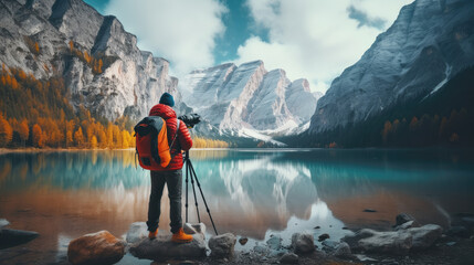 Travel hiker taking photo of Lake Braies (Lago di Braies) in Dolomites Mountains, Italy. Hiking travel and adventure - obrazy, fototapety, plakaty