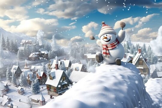3D winter scene with a snowman joyfully greeting Santa Claus flying overhead. Generative AI