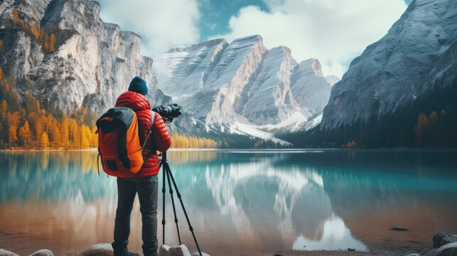 Travel hiker taking photo of Lake Braies (Lago di Braies) in Dolomites Mountains, Italy. Hiking travel and adventure