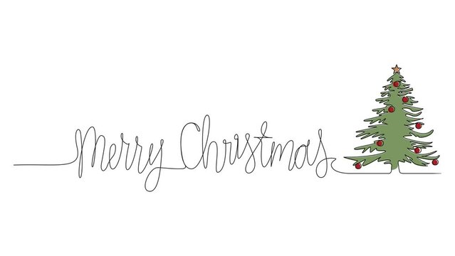 animated continuous single line drawing of word MERRY CHRISTMAS and christmas tree, line art animation