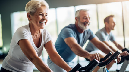 Fototapeta na wymiar Portrait of a smiling senior couple exercising on exercise bikes in a gym.