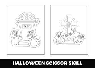 Halloween scissor skill for kids. Halloween scissor skill education coloring page for preschool kids.