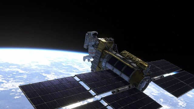 Astronaut working on a satellite in space