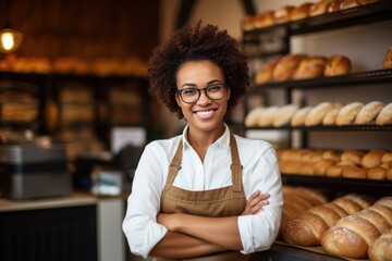 Black African American baker woman Smiling happy face portrait at a bakery - Powered by Adobe