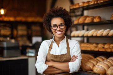 Poster Black African American baker woman Smiling happy face portrait at a bakery © blvdone