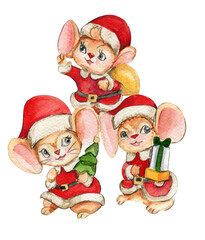 Watercolor Christmas mice in cartoon style. Watercolor Christmas hand drawn illustration for cards, backgrounds, scrapbooking and your design. Perfect for wedding invitation.