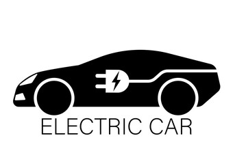 Electric Car. EV Car Symbol. Electric Car at Charging Station. Green Energy or Eco-friendly Concept. Vector Illustration. 