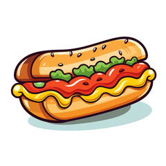 Cartoon-style illustration of hot dog isolated on plain background. Cheese is placed between slices of bread.
