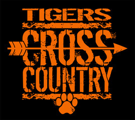 distressed tigers cross country team design with paw print for school, college or league sports