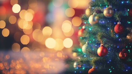 Obraz na płótnie Canvas Close up of branches of Christmas tree with shiny golden colorful bauble or ball, xmas ornaments and lights background, Merry Christmas and Happy New Year, AI generated