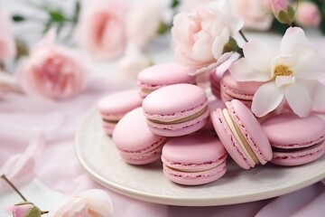 Obraz na płótnie Canvas wedding macaroons on a plate with flowers