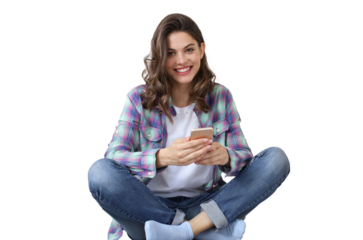 Young female student checking social media before getting back to studying, sitting on floor Young cheerful sports woman holding fitness rug on a transparent background