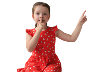 Little girl child keeping finger on her lips and asking to keep quiet Young cheerful sports woman holding fitness rug on a transparent background