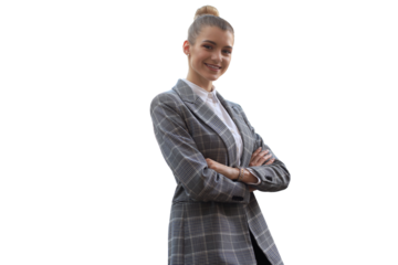Attractive businesswoman standing Young cheerful sports woman holding fitness rug on a transparent background