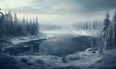 river in winter in snowy forest, ai generative