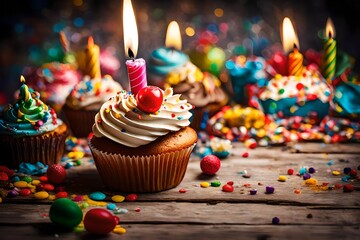 birthday cupcake with candles 4k HD quality photo.