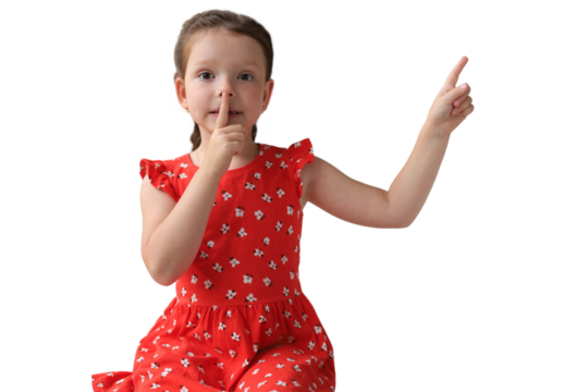 Little girl child keeping finger on her lips and asking to keep quiet Young cheerful sports woman holding fitness rug on a transparent background