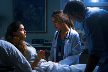 A patient is treated by a doctor and nurse in a hospital. Healthcare. Patient safety. Care and Kind. Patient & Doctor. Doctor-Patient relationship. 4K. Health. Ward. ICU. Medicine. - obrazy, fototapety, plakaty