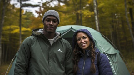 Casal de campistas sorrindo barraca ao fundo 