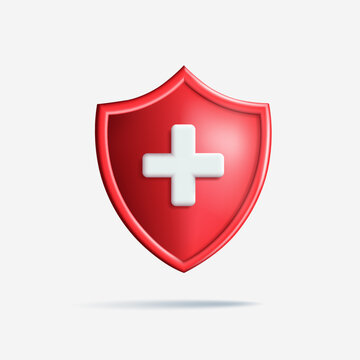 3d render icon of red shield with white cross, isolated symbol