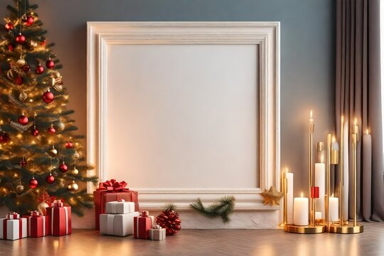 Mockup photo frame on the wall of living room, Interior with beautiful furniture, decoration in christmas theme.