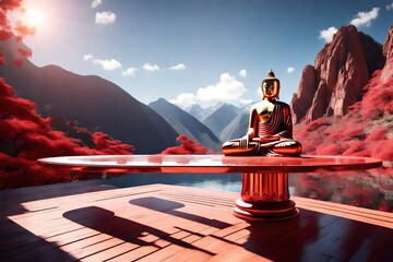 Red wooden table of free space and mountains landscape.statue of the Lord Buddha fell in bright sunlight, the empty concept of the product 