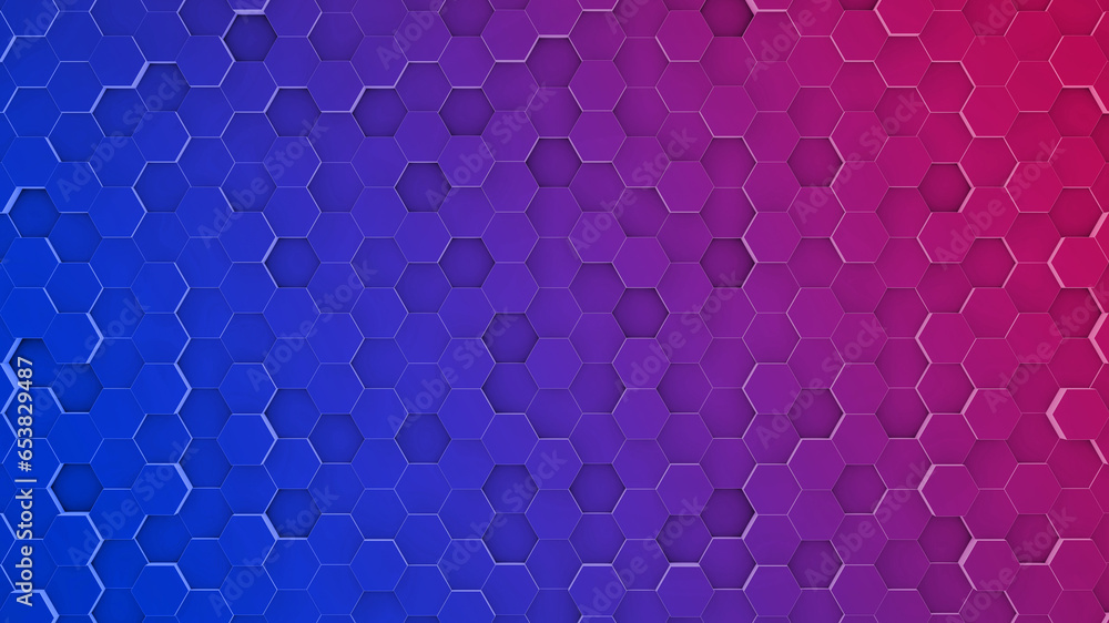 Poster abstract hexagonal pattern on gradient blue and pink backdrop with copy space for text.