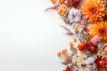 Vibrant autumn blooms against a white backdrop, providing space for text. Generative AI