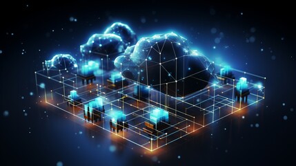 Cloud Computing Network Structure.
Abstract cloud computing network with interconnected lines and nodes over a digital grid.