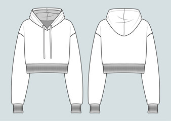crop hoodie flat drawing technical sketch. long-sleeve hooded sweatshirt outfit design vector illustration for a clothing brand. fashion CAD drawing mock up design for garment, apparel template.