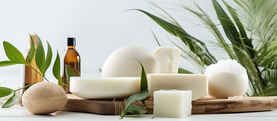 Natural cosmetics and eco bodycare products embody the concept of beauty sustainability and eco living on a white background