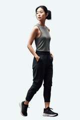 Mulher em pé vestindo moda casual fundo branco