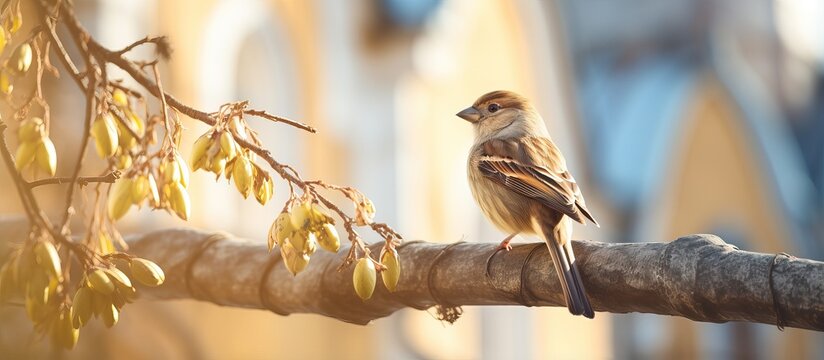 Sparrow on spruce branch Orthodox church with gold dome and cross Palm Sunday