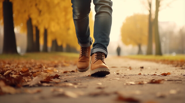 Stylish Autumn Stroll: A Close-Up of a Man Walking in the Park, Showcasing His Warm and Fashionable Footwear Amidst Falling Leaves..