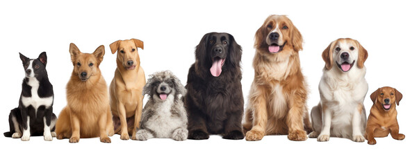 Fototapety  Happy smilling adult dogs of different breeds isolated on white background generative ai