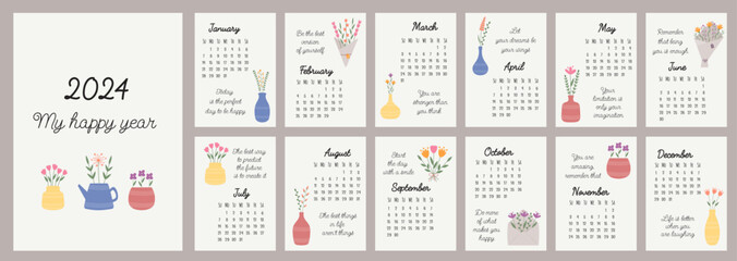 Calendar 2024 template. Monthly calendar 2024 with hand drawn flowers and motivation quotes for every day. Sunday standard. Modern calendar for the office, organizer or for a gift. Design Template. - obrazy, fototapety, plakaty