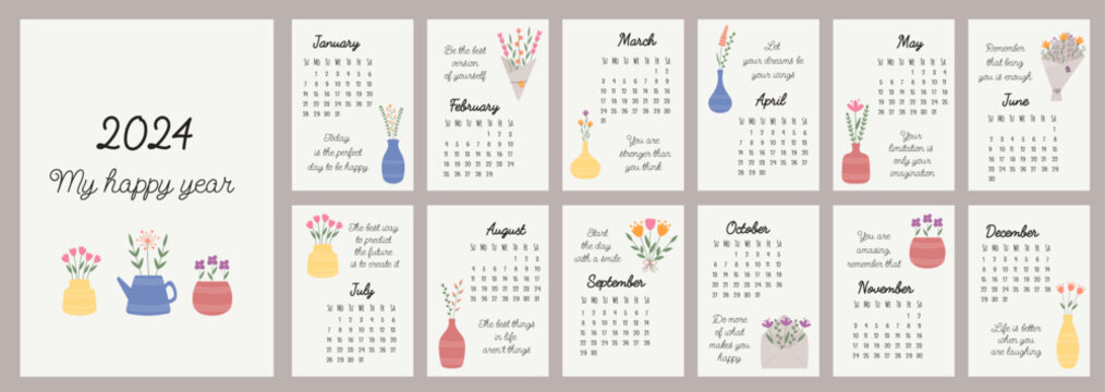 Calendar 2024 template. Monthly calendar 2024 with hand drawn flowers and motivation quotes for every day. Sunday standard. Modern calendar for the office, organizer or for a gift. Design Template.