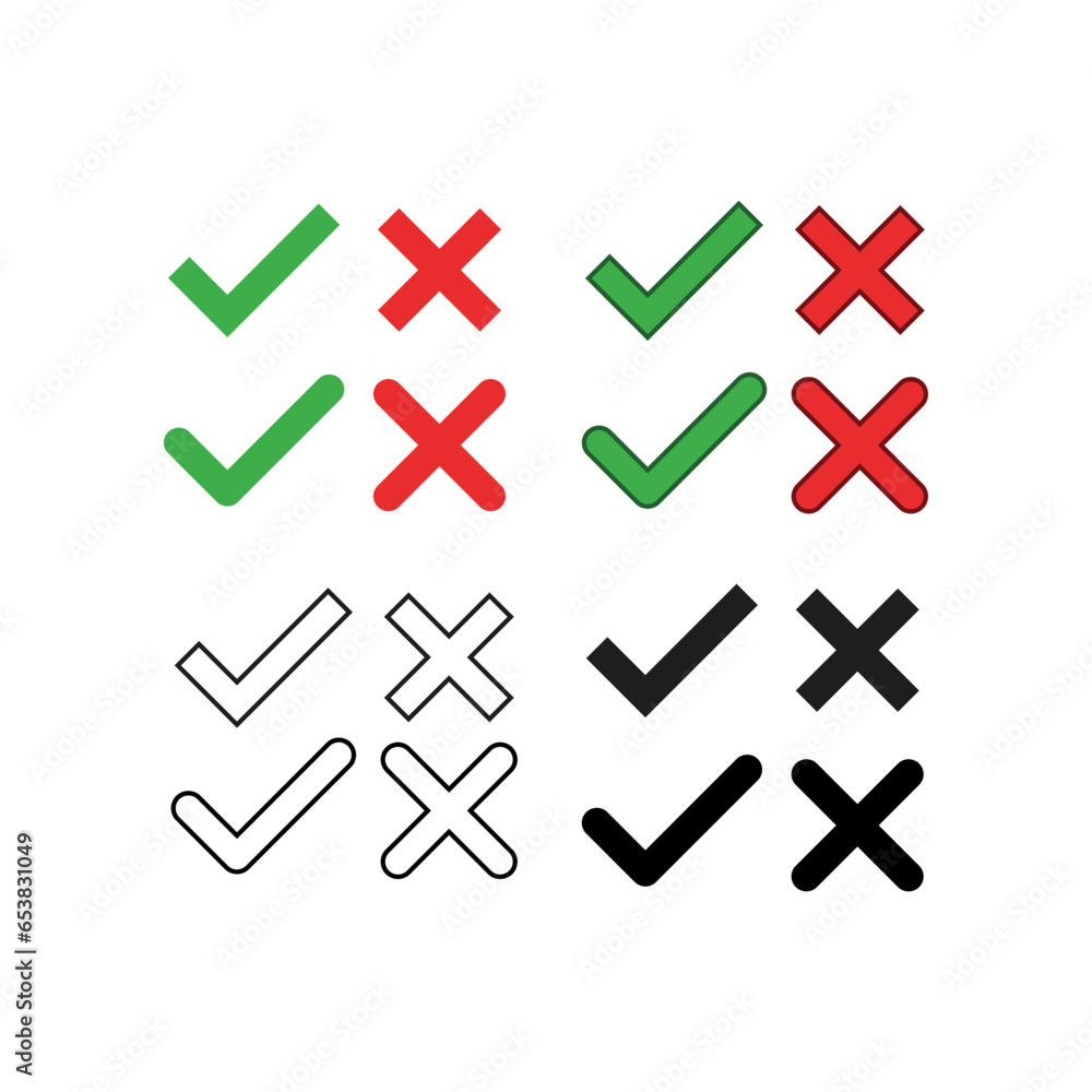Aufkleber yes or no tick choose sign. approve and reject answer for confirm concept. correct and cross vote ch